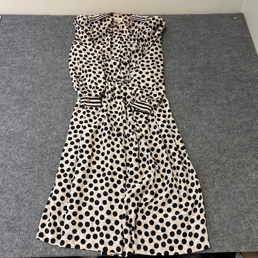 Lady Carol Dress Womens Size M Tan Black Polka Dot Vintage Midi Long Sleeve USA